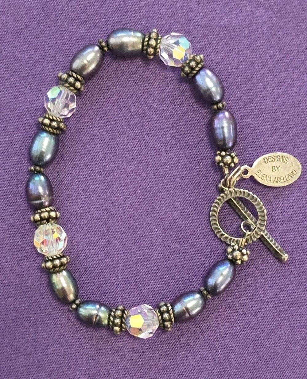 Elena Arellano Signed Bracelet Sterling Silver Peacock Pearl AB Crystal Beads